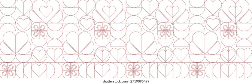 Padrão geométrico perfeito para o Dia dos Namorados em estilo minimalista. Desenho de linha, fundo de mosaico. Plano de fundo de impressão abstrato com formas simples.