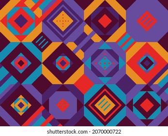 Seamless geometric pattern of various shapes and elements in a modern style.