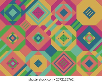 Seamless geometric pattern of various shapes and elements in a modern style.