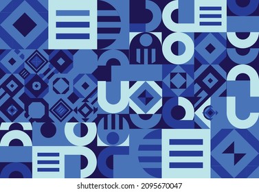 Seamless geometric pattern of various shapes and elements in a modern style.