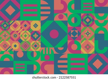 Seamless geometric pattern of various shapes and elements in a modern style.