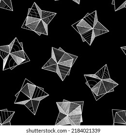Seamless geometric pattern of various textured volumetric polyhedrons, hand drawn on a black square background. Metageometry. Geometric art. Used for printing on paper, fabric, packaging, wallpaper.