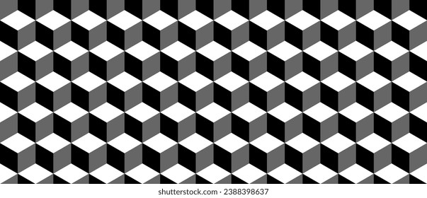 Seamless geometric pattern. Vector background made of cubes in isometry. Repeating geometric shapes in black and white.