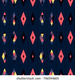 Seamless geometric pattern vector design vintage retro abstract art background with colorful diamond shapes and triangles separated with dashed lines stripes