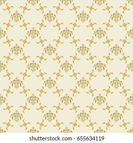 Seamless geometric pattern. Vector seamless pattern with gold gradient on beige background. Golden texture. Geometric ornament with golden elements. Abstract geometric sketch.
