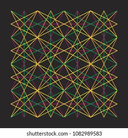 Seamless geometric pattern. Vector graphic. Black background wallpaper. Colorful linear composition. Abstract art. Decorative print. Psychedelic, trance poster.