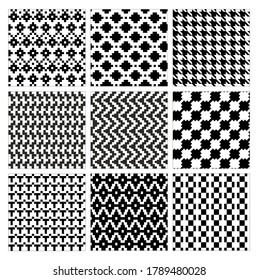Seamless geometric pattern vector illustration set. Collection of modern stylish ornate abstract black and white texture geometry. Repeating geometric ornament tiles from striped, diagonal elements.