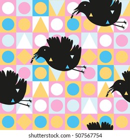 Seamless geometric pattern. Vector illustration with black birds.