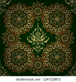 Seamless geometric pattern. Vector seamless pattern on a green background. Golden background. Vector golden texture. Geometric background with rhombus and nodes. Abstract geometric pattern.