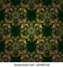 Seamless geometric pattern. Vector seamless pattern on a green background. Golden background. Geometric background with rhombus and nodes. Abstract geometric pattern. Vector golden texture.