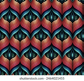 Seamless geometric pattern vector, orange and blue color, peacock elegance textile fabric design
