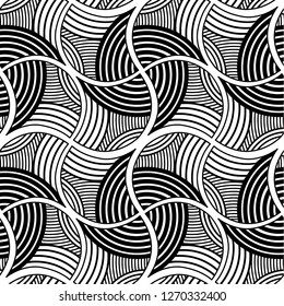 Seamless geometric pattern.  Vector repeating tile texture. Whirl shapes movement. Single color, black and white. 