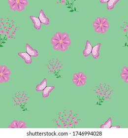 Seamless geometric pattern. Vector texture with flowers and butterfly arranged randomly on a green background