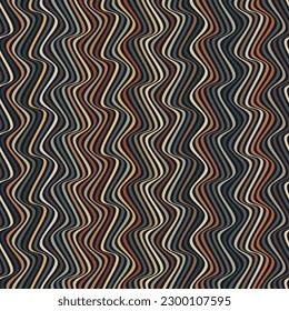 Seamless geometric pattern with vertical multicolored wavy stripes on a black background. Striped texture. Vector illustration for packaging, wrapping, textile, and decorative projects.