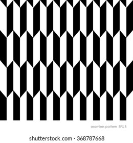 Seamless geometric pattern of vertical rectangular elements with bevelled corner. The combination of the two colors black and white.