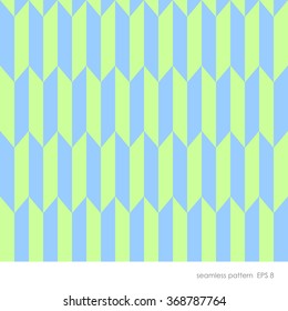 Seamless geometric pattern of vertical rectangular elements with bevelled corner. The combination of the two colors of light green and blue.