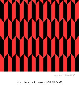 Seamless geometric pattern of vertical rectangular elements with bevelled corner. The combination of the two colors of bright red and black.