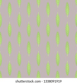 Seamless geometric pattern with vertical rows of small light green leaves on soft grey background. Repeat botanical pattern. Vector illustration.