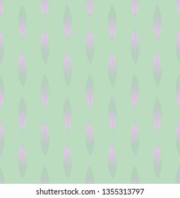 Seamless geometric pattern with vertical rows of small light green and pink leaves on soft green background. Repeat botanical pattern. Vector illustration.