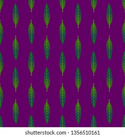 Seamless geometric pattern with vertical rows of small emerald green leaves on purple background. Repeat botanical pattern. Vector illustration.