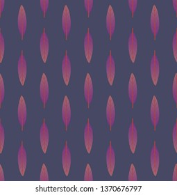 Seamless geometric pattern with vertical rows of small bright purple and coral pink leaves on dark grey background. Repeat botanical pattern. Vector illustration.