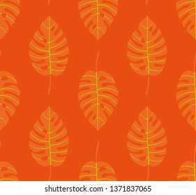 Seamless geometric pattern with vertical rows of orange monstera tropical leaves with green veins on bright red orange background. Repeat symmetrical botanical pattern. Vector illustration.