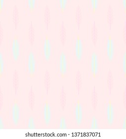 Seamless geometric pattern with vertical rows of small light turquoise and pink leaves on soft pink background. Repeat botanical pattern. Vector illustration.
