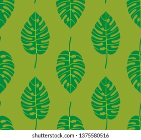 Seamless geometric pattern with vertical rows of bright green monstera tropical leaves with yellow veins on lime green background. Repeat symmetrical botanical pattern. Vector illustration.