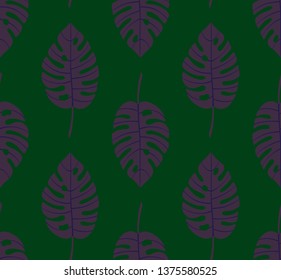 Seamless geometric pattern with vertical rows of dark violet monstera tropical leaves with blue veins on green background. Repeat symmetrical botanical pattern. Vector illustration.