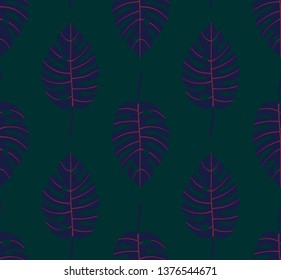 Seamless geometric pattern with vertical rows of dark blue monstera tropical leaves with red veins on emerald green background. Repeat symmetrical botanical pattern. Vector illustration.