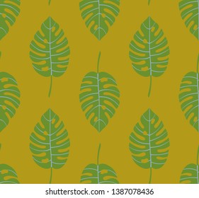 Seamless geometric pattern with vertical rows of bright green monstera tropical leaves with light blue veins on mustard yellow background. Repeat symmetrical botanical pattern. Vector illustration.