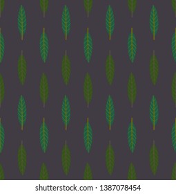 Seamless geometric pattern with vertical rows of small green leaves on dark grey background. Repeat botanical pattern. Vector illustration.