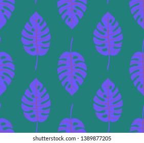 Seamless geometric pattern with vertical rows of bright purple monstera tropical leaves with pink veins on teal background. Repeat symmetrical botanical pattern. Vector illustration.