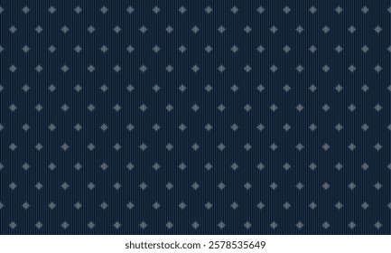 Seamless geometric pattern with  vertical stripes and stencil square in dark blue and silver gray on blue background. Vector illustration, for masculine shirt lady dress cloth textile cover decoration