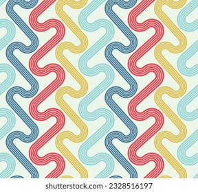 Seamless geometric pattern with vertical wavy thin lines. Striped texture with stripes in blue, red, and yellow on a white background. Abstract design. Vector image for textile, wrapping, and print.