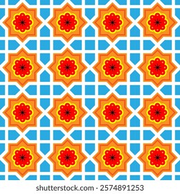 Seamless geometric pattern with vibrant floral motifs and symmetrical design, perfect for tiles and decorative backgrounds