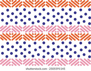 Seamless geometric pattern with a vibrant mix of blue polka dots, orange lines, and pink diagonal stripes on a white background. Perfect for textiles, wallpapers, and digital designs