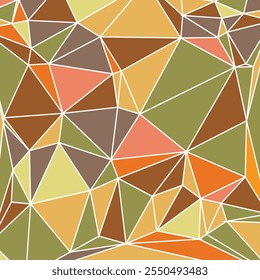 A seamless geometric pattern with a vibrant mix of polygons in warm shades of orange, brown, and yellow.