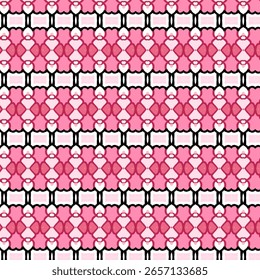 Seamless geometric pattern with vibrant pink tones, heart-like shapes, and retro symmetry. Perfect for textiles, backgrounds, and abstract design. Golden keywords: pattern, abstract, geometric, pink, 