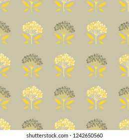 Seamless geometric pattern with viburnum berries on light beige background. Vintage, retro gray, yellow, sepia colors. Repeat botanical pattern. Vector illustration.