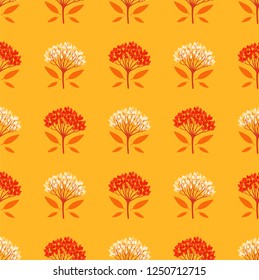Seamless geometric pattern with viburnum berries on yellow background. Orange, yellow, white, red colors. Repeat botanical pattern. Vector illustration.