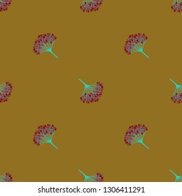 Seamless geometric pattern with viburnum berries. Burgundy, maroon, red, yellow, mustard, ocher, amber, turquoise colors. Warm, muted earthy colors. Repeat botanical pattern. Vector illustration.