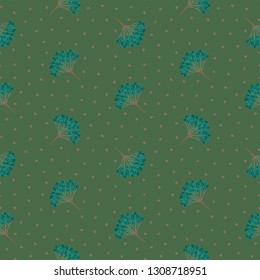 Seamless geometric pattern with viburnum berries. Green, emerald, teal, beige, vintage, retro colors. Repeat botanical pattern. Vector illustration.