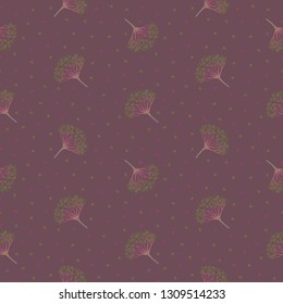 Seamless geometric pattern with viburnum berries. Green, burgundy, maroon, brown, red, magenta color. Dark, pale, muted earthy colors. Repeat botanical pattern. Vector illustration.