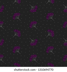 Seamless geometric pattern with viburnum berries. Purple, violet, grey, gray, black, dark colors. Repeat botanical pattern. Vector illustration.