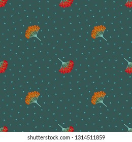 Seamless geometric pattern with viburnum berries. Red, ambre, maroon, orange, teal, turquoise, dark green blue color. Repeat botanical pattern. Vector illustration.