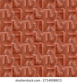Seamless geometric pattern in warm, textured reddish-brown, creating a 3D visual of an abstract labyrinth or puzzle design. Ideal for modern background, wallpaper, or rug textures.