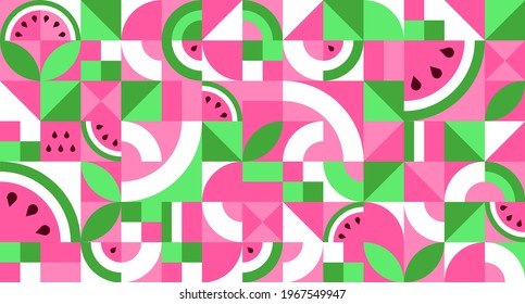 Seamless geometric pattern with watermelon in Bauhaus style. Texture of simple repeating shapes, mosaic of squares and triangles. Vector illustration for background, wallpaper.