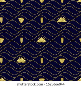 Seamless geometric pattern with wave lines and lotus. Golden texture on dark blue background. Graphic style for wallpaper, wrapping, fabric, background, apparel, print production. 