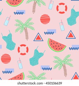 Seamless geometric pattern with waves, lifebuoys, palm trees, refreshment drinks, swimming suits, bottles, triangles, circles and other elements in abstract Scandinavian style on pink. 